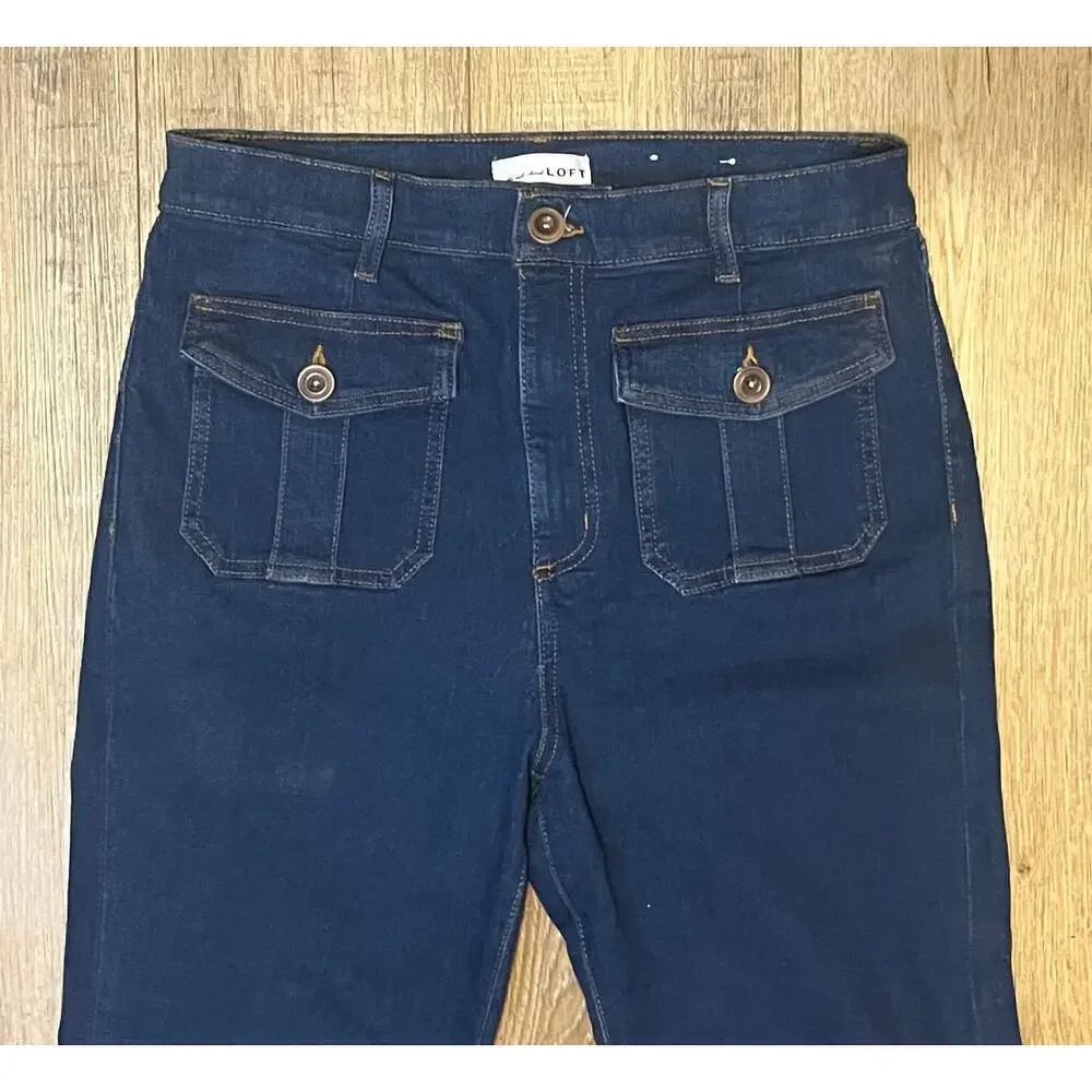 Loft The Slim Flare Patch Flap Pocket Jeans 12x31 NWOT Dark Wash Boho Hippie - Picture 4 of 10